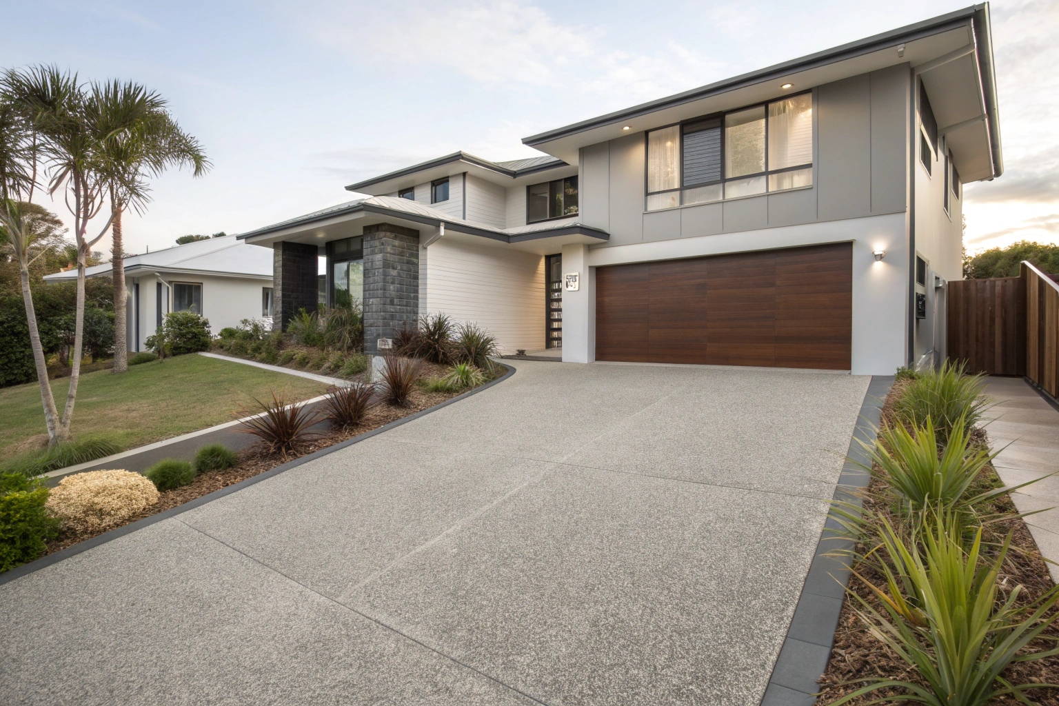 modern Canberra home with a beautiful exposed aggregate driveway in warm grey tones, clean lines leading to a contemporary garage