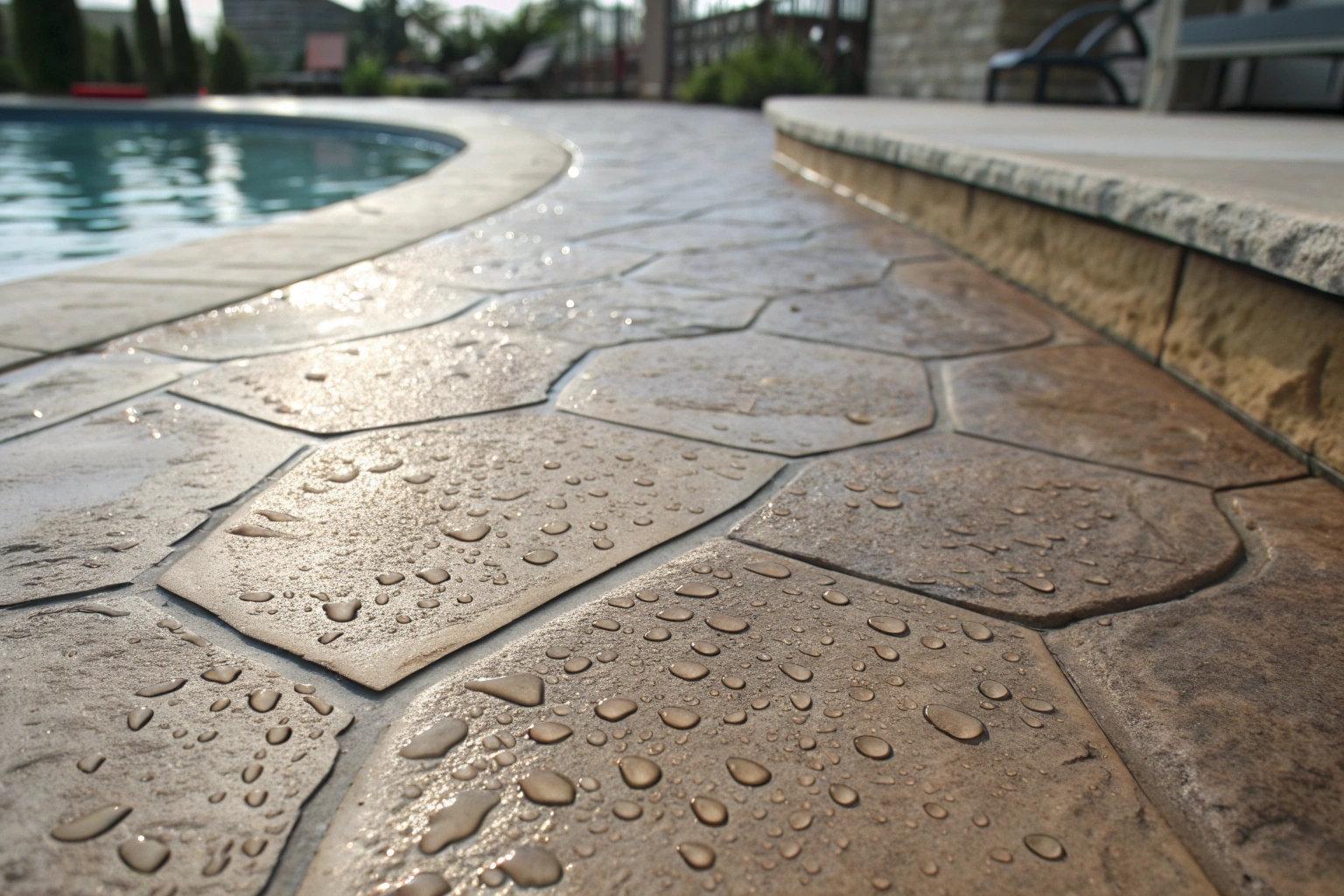 Stamped concrete pool surround with slip-resistant finish Canberra