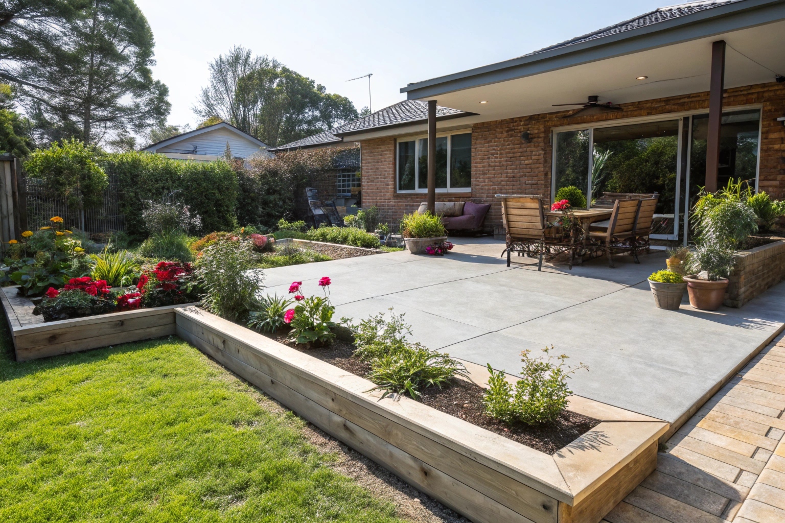 modern-australian-suburban-home-with-a-freshly-pou Concrete slab patio for Canberra home outdoor entertaining area