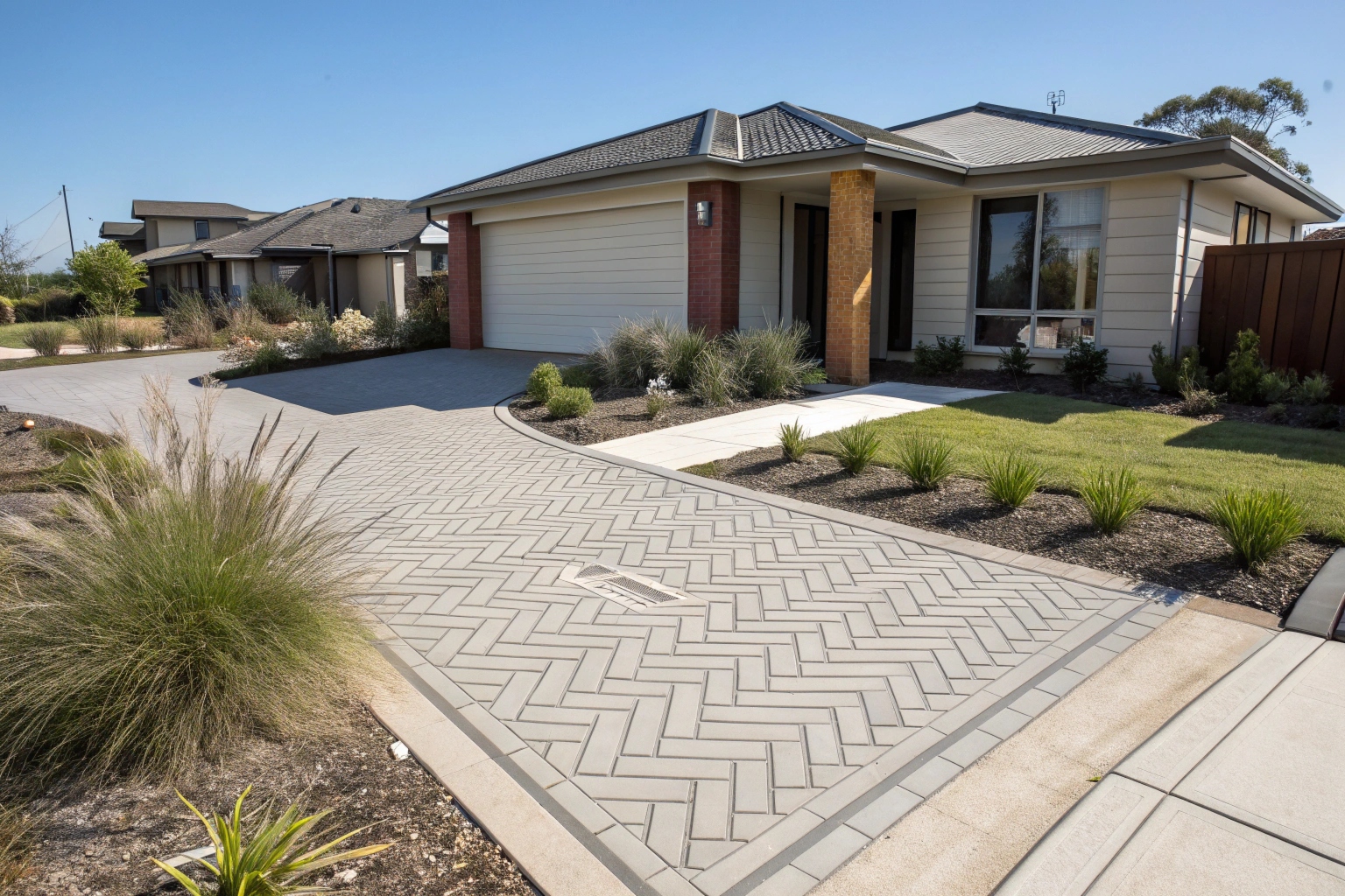 modern-australian-suburban-home-with-decorative-he Stencilled concrete driveway with herringbone pattern in Canberra home