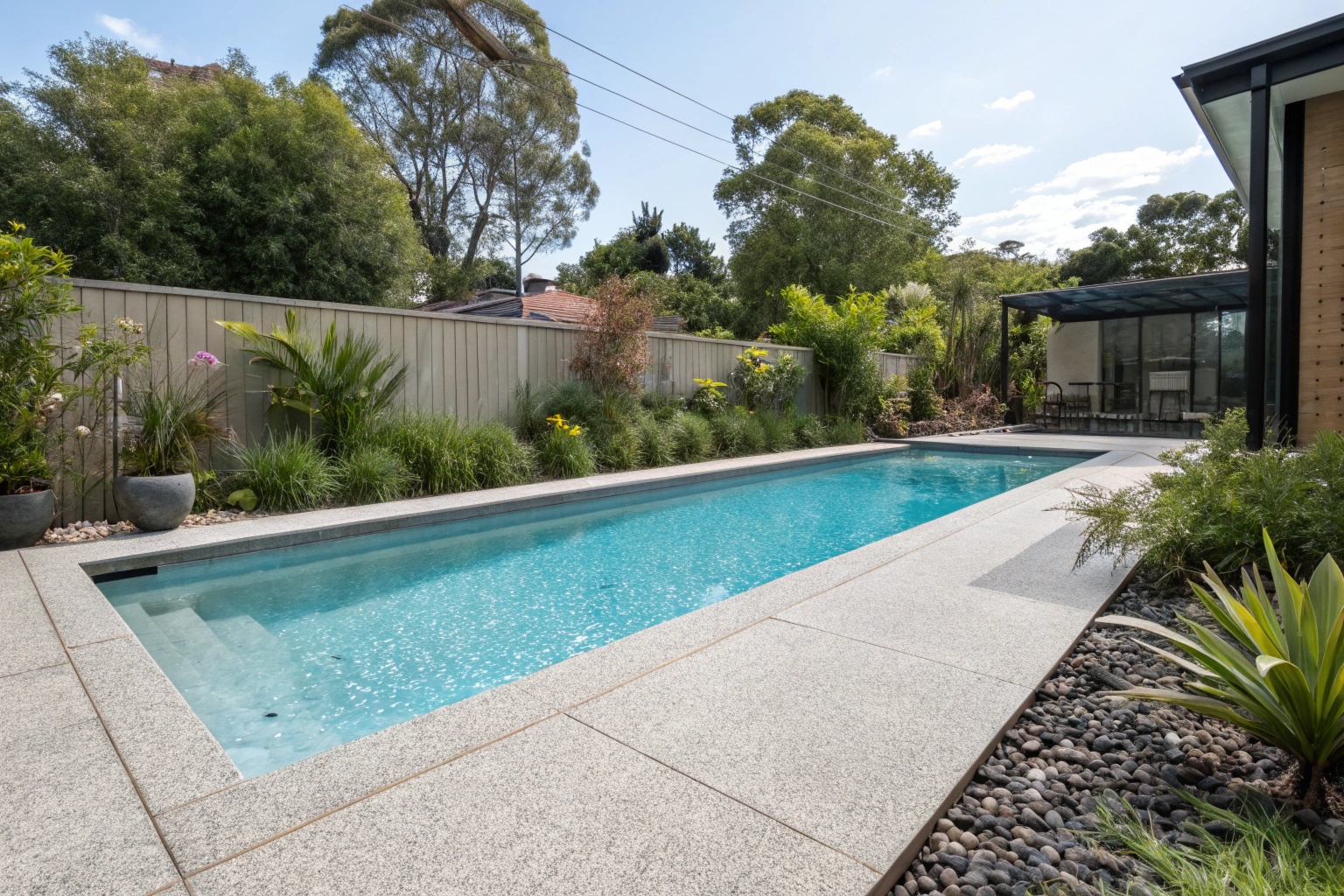 Exposed aggregate concrete pool surround in Canberra backyard