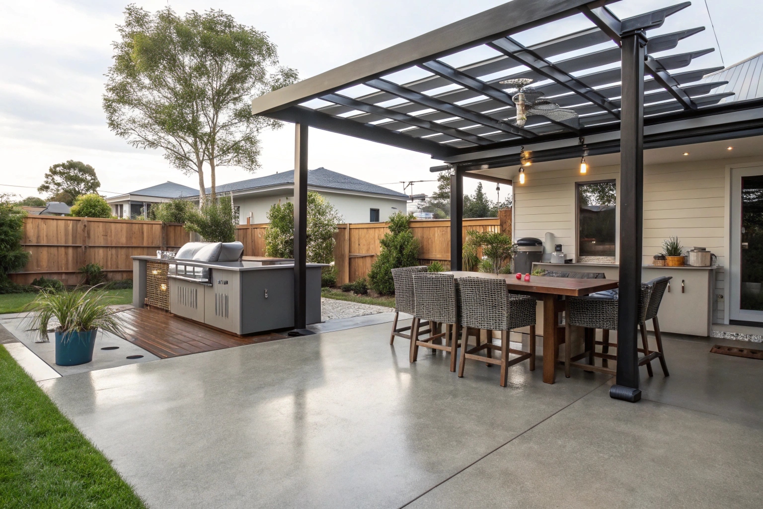 Polished concrete patio outdoor entertaining area Canberra