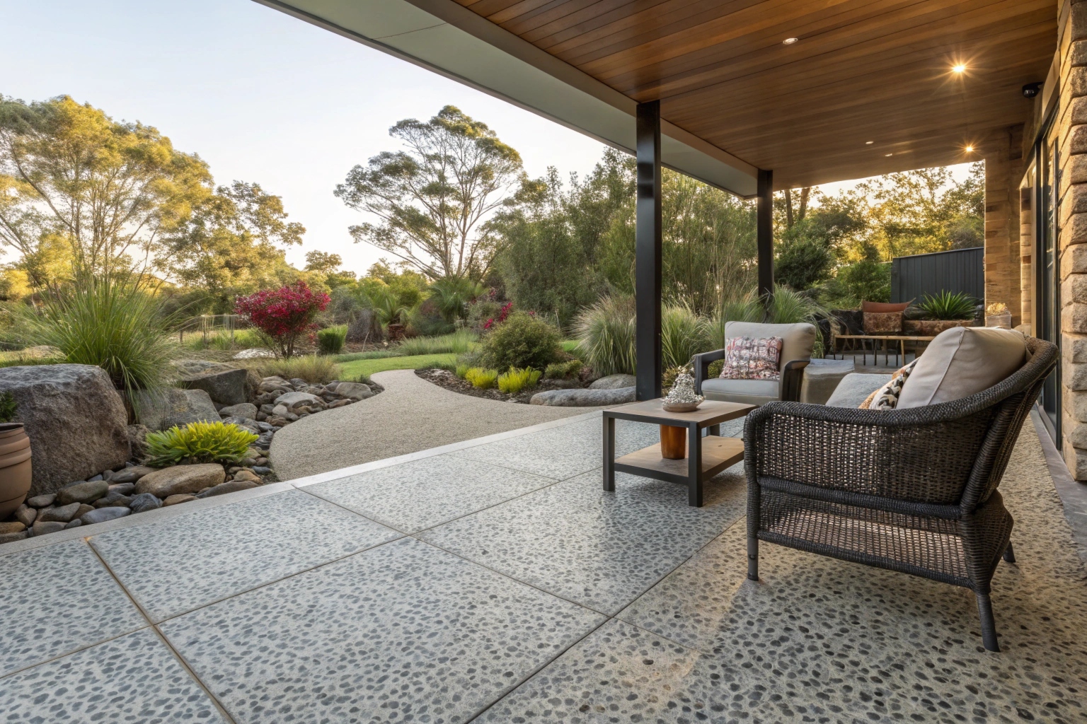 Exposed aggregate patio outdoor entertainment area Canberra
