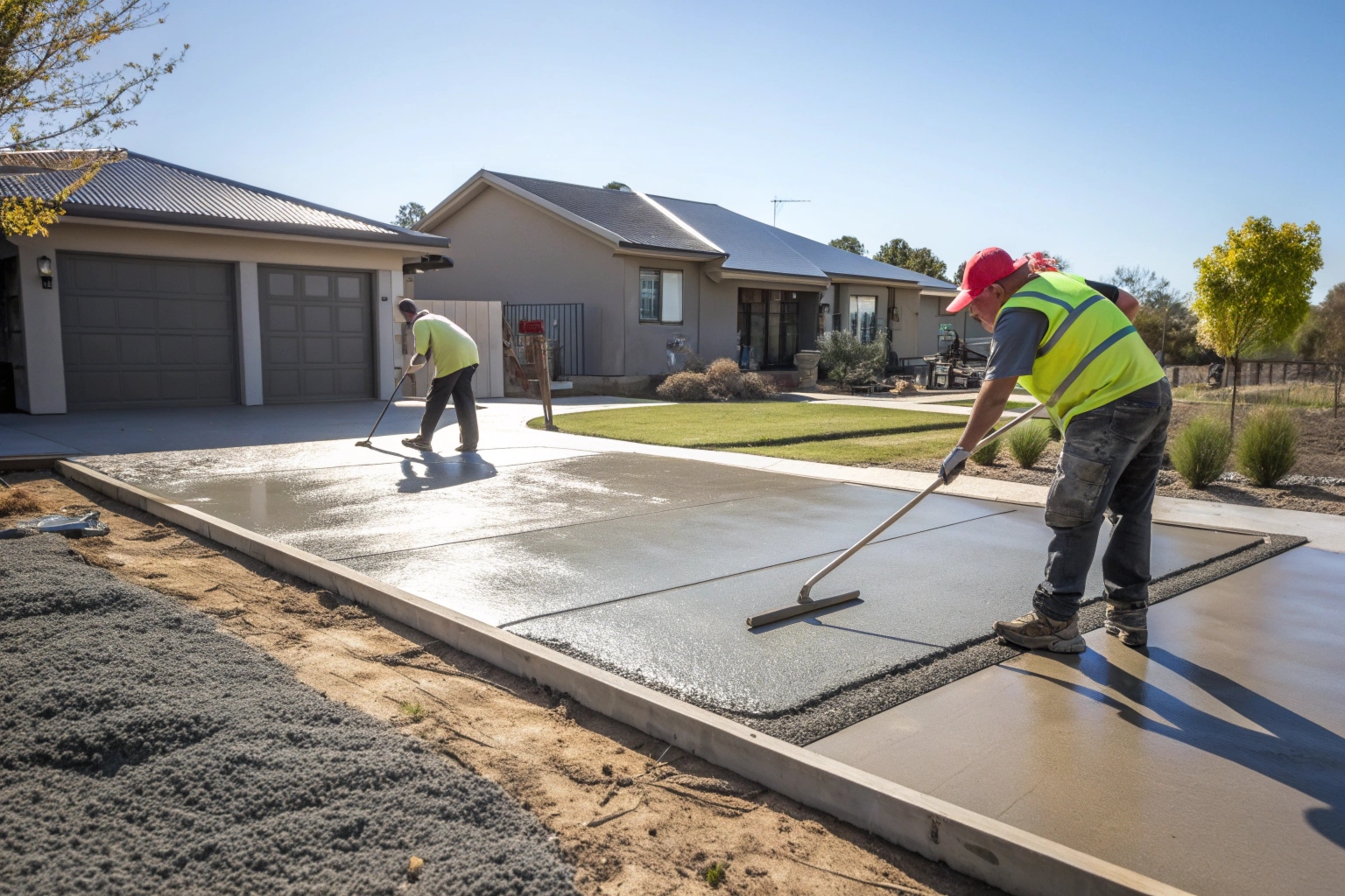 Concrete Canberra team finishing residential driveway in ACT suburb