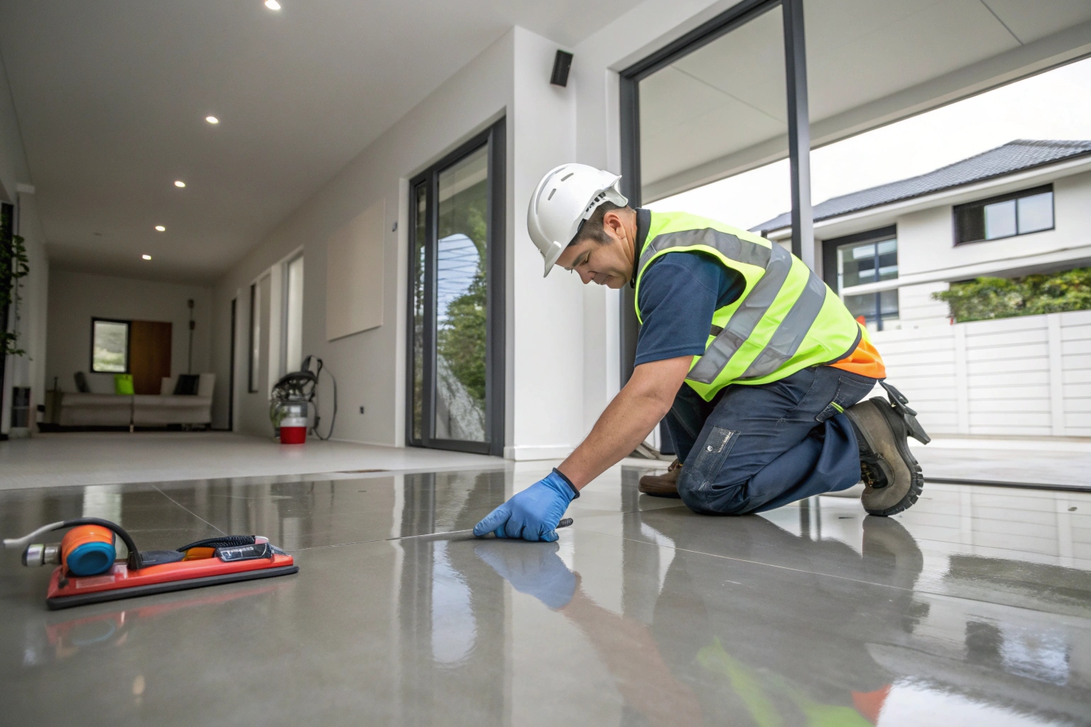 Professional concreter checking quality of finished concrete work in Canberra