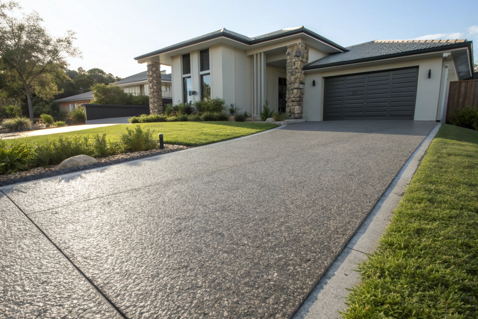 Exposed aggregate concrete driveway Turner Canberra with river stone finish