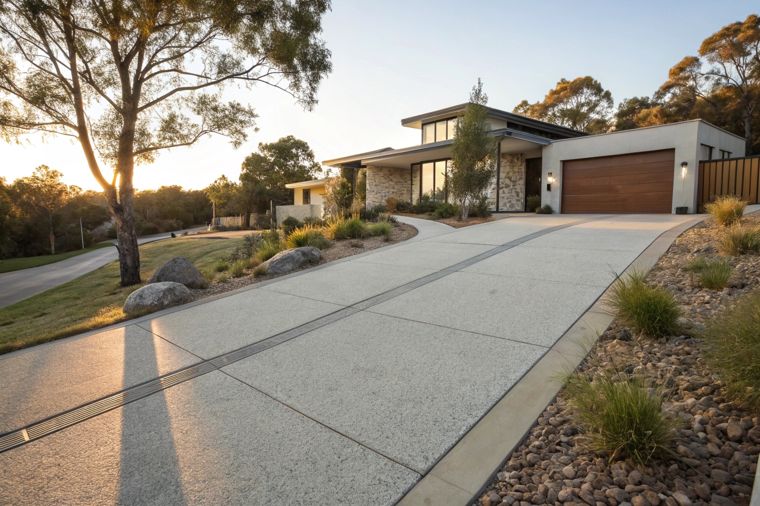 Exposed aggregate concrete driveway Tuggeranong home